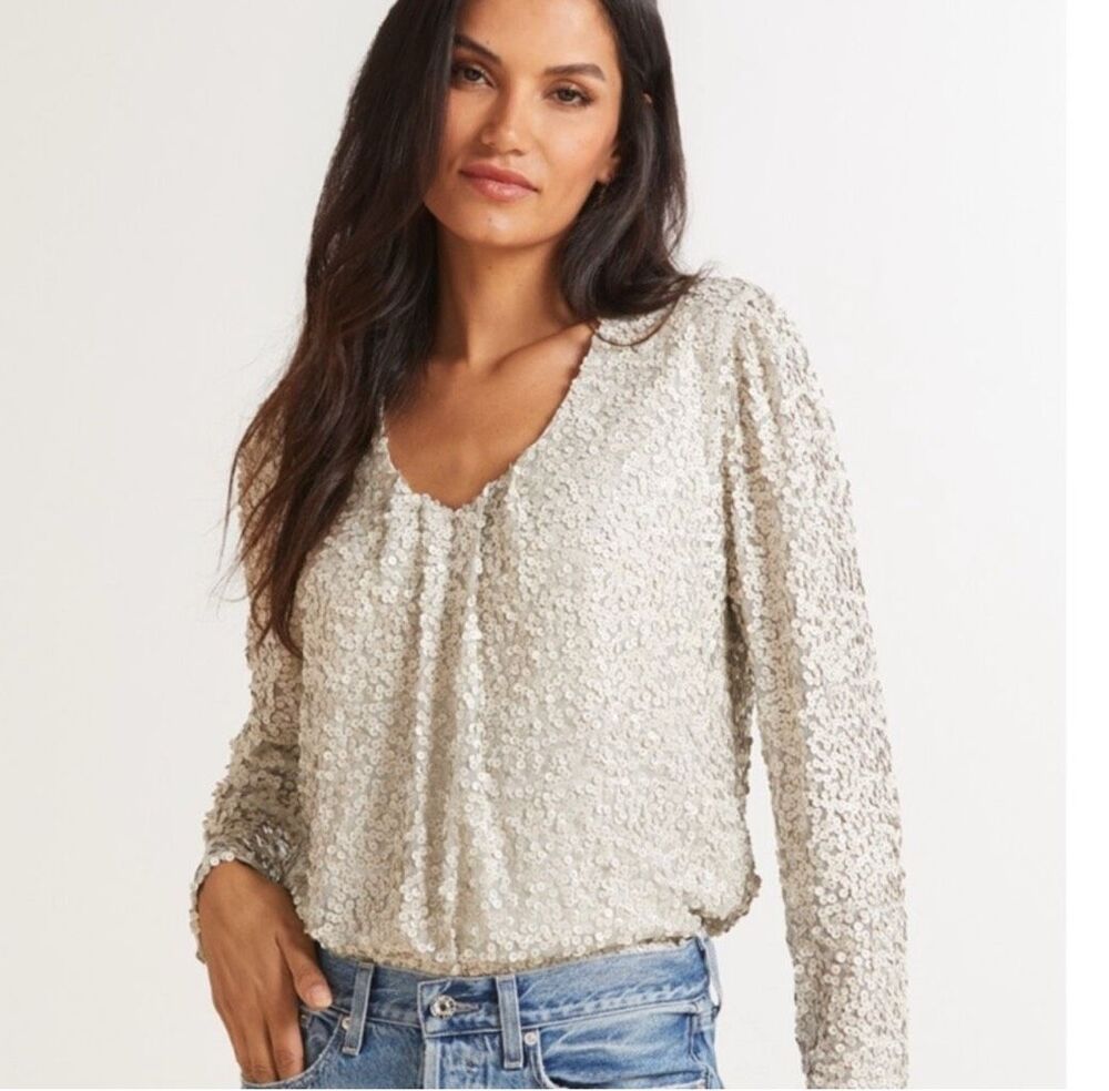 Allison Joy Nina Matte Silver Sequin Party Bridal V Neck Blouse Size Small